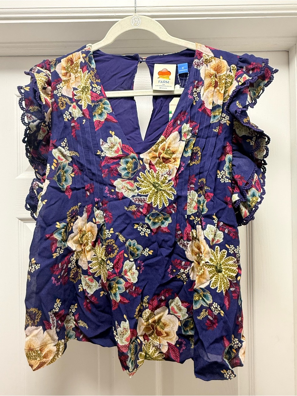 Anthropologie Farm Rio Women's Navy Floral Ruffle Sleeve Top